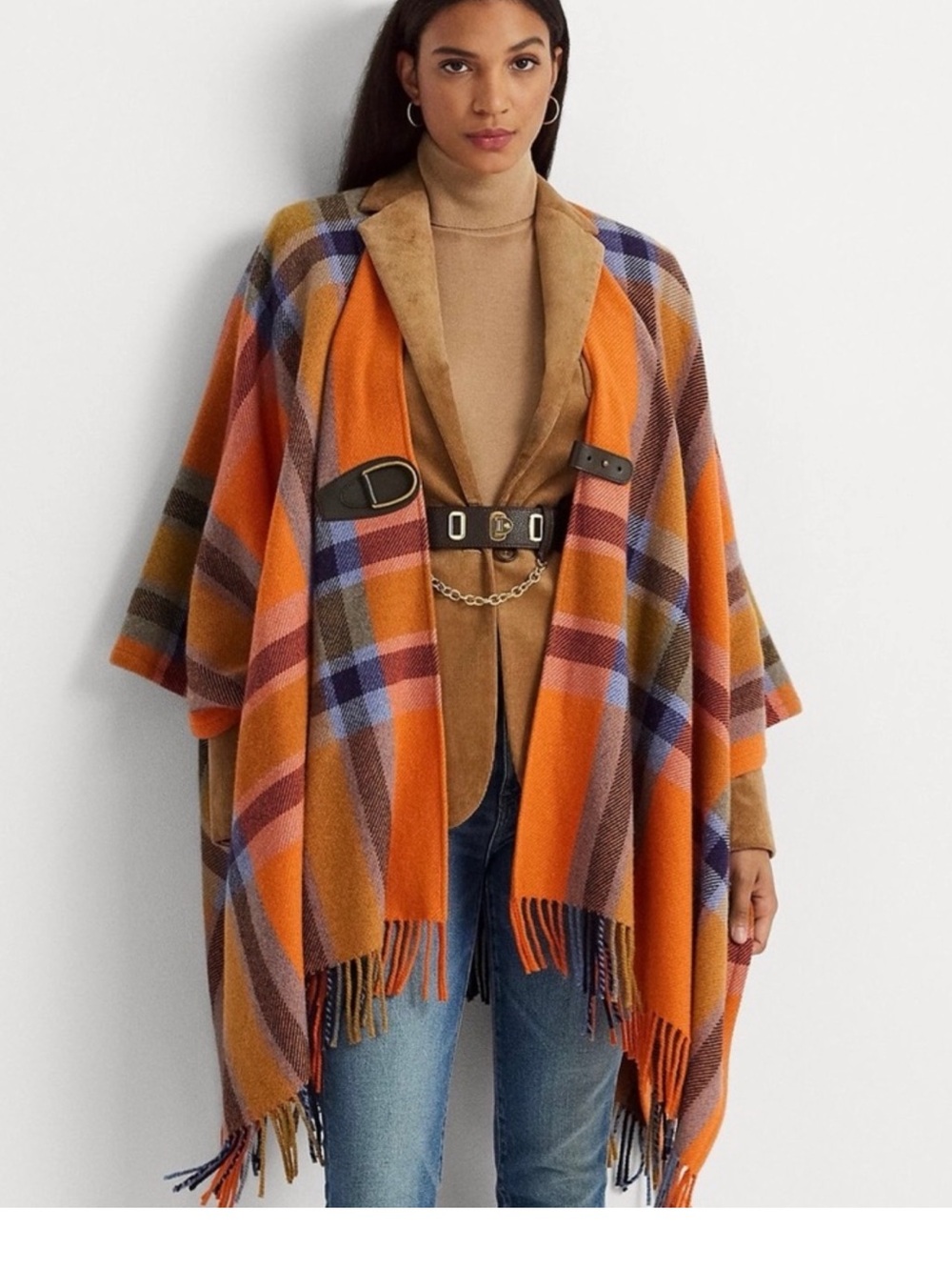 Lauren Ralph Lauren Orange Plaid Fringe Trim Twill Poncho